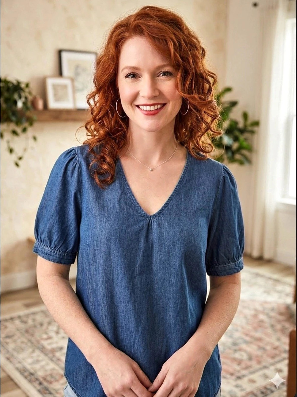 Draper James Heidi V-Neck Top in Chambray Size Large (B8)